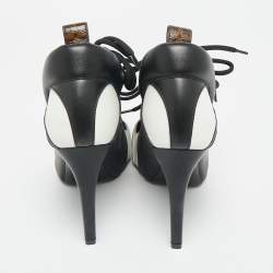 Pre Owned Louis Vuitton Black/White Cutout Leather Lace Up Booties Size 38