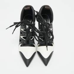 Pre Owned Louis Vuitton Black/White Cutout Leather Lace Up Booties Size 38