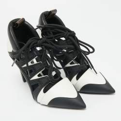 Pre Owned Louis Vuitton Black/White Cutout Leather Lace Up Booties Size 38