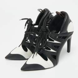 Pre Owned Louis Vuitton Black/White Cutout Leather Lace Up Booties Size 38