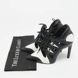 Pre Owned Louis Vuitton Black/White Cutout Leather Lace Up Booties Size 38