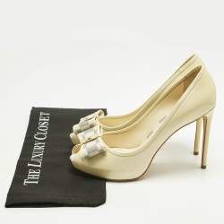 Pre Owned Louis Vuitton Cream Patent Damier Azur Valentine Peep Toe Pumps Size 40