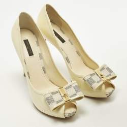 Pre Owned Louis Vuitton Cream Patent Damier Azur Valentine Peep Toe Pumps Size 40