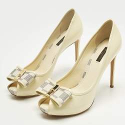 Pre Owned Louis Vuitton Cream Patent Damier Azur Valentine Peep Toe Pumps Size 40