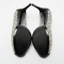 Pre Owned Louis Vuitton Blue Mini Lin Monogram Canvas and Patent Leather Peep Toe Pumps Size 39.5