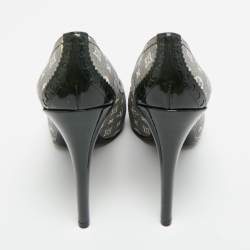 Pre Owned Louis Vuitton Blue Mini Lin Monogram Canvas and Patent Leather Peep Toe Pumps Size 39.5