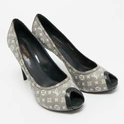 Pre Owned Louis Vuitton Blue Mini Lin Monogram Canvas and Patent Leather Peep Toe Pumps Size 39.5