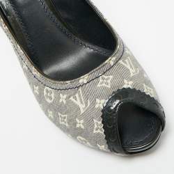 Pre Owned Louis Vuitton Blue Mini Lin Monogram Canvas and Patent Leather Peep Toe Pumps Size 39.5