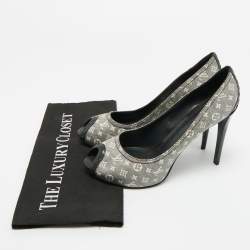 Pre Owned Louis Vuitton Blue Mini Lin Monogram Canvas and Patent Leather Peep Toe Pumps Size 39.5