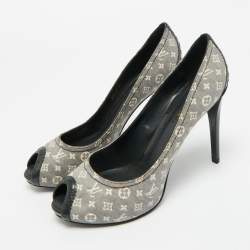 Pre Owned Louis Vuitton Blue Mini Lin Monogram Canvas and Patent Leather Peep Toe Pumps Size 39.5