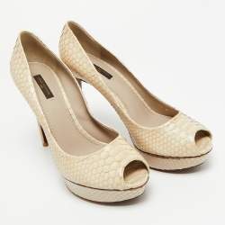 Pre Owned Louis Vuitton Cream Python Leather Miss Peep Toe Pumps Size 40
