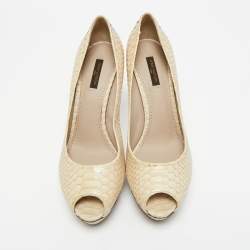 Pre Owned Louis Vuitton Cream Python Leather Miss Peep Toe Pumps Size 40