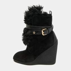 Pre Owned Louis Vuitton Black Fur and Suede Teddy Wedge Ankle Boots Size 37