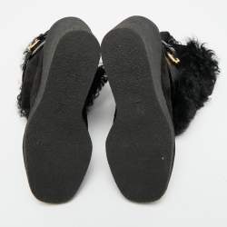 Pre Owned Louis Vuitton Black Fur and Suede Teddy Wedge Ankle Boots Size 37