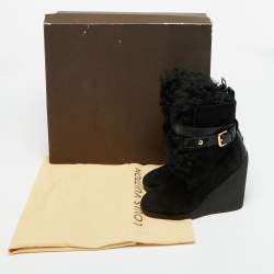Pre Owned Louis Vuitton Black Fur and Suede Teddy Wedge Ankle Boots Size 37