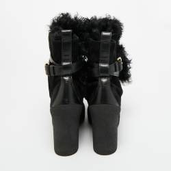 Pre Owned Louis Vuitton Black Fur and Suede Teddy Wedge Ankle Boots Size 37
