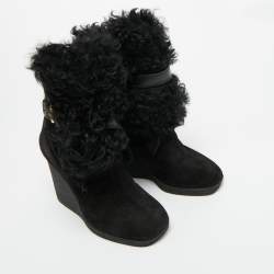 Pre Owned Louis Vuitton Black Fur and Suede Teddy Wedge Ankle Boots Size 37