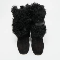 Pre Owned Louis Vuitton Black Fur and Suede Teddy Wedge Ankle Boots Size 37