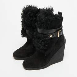 Pre Owned Louis Vuitton Black Fur and Suede Teddy Wedge Ankle Boots Size 37