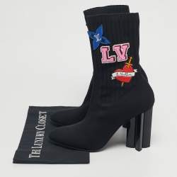 Pre Owned Louis Vuitton Black Knit Fabric LV Black Heart Sock Ankle Boots Size 39
