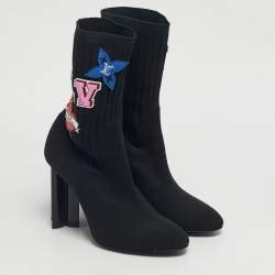 Pre Owned Louis Vuitton Black Knit Fabric LV Black Heart Sock Ankle Boots Size 39
