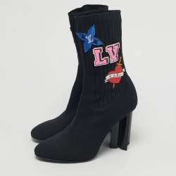 Pre Owned Louis Vuitton Black Knit Fabric LV Black Heart Sock Ankle Boots Size 39