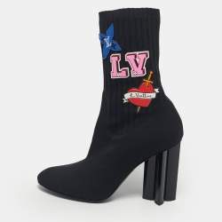 Pre Owned Louis Vuitton Black Knit Fabric LV Black Heart Sock Ankle Boots Size 39