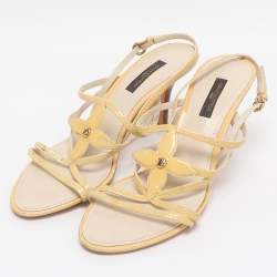 Pre Owned صندل سترابي لوي فيتون بمقدمة مفتوحة جلد لامع أصفر مقاس 36.5