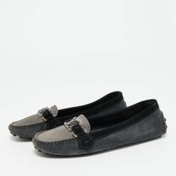 Pre Owned Louis Vuitton Grey/Black Suede Logo Slip On Loafers Size 37