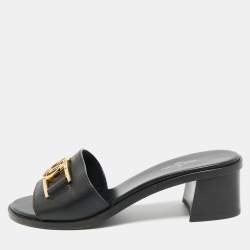 Pre Owned Louis Vuitton Black Leather Lock It Slide Sandals Size 36.5