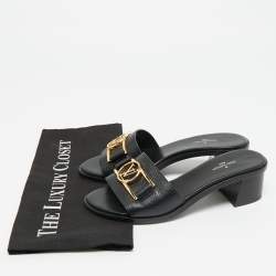 Pre Owned Louis Vuitton Black Leather Lock It Slide Sandals Size 36.5
