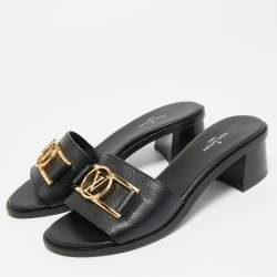 Pre Owned Louis Vuitton Black Leather Lock It Slide Sandals Size 36.5