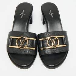 Pre Owned Louis Vuitton Black Leather Lock It Slide Sandals Size 36.5