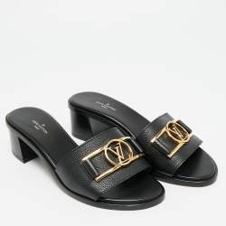 Pre Owned Louis Vuitton Black Leather Lock It Slide Sandals Size 36.5