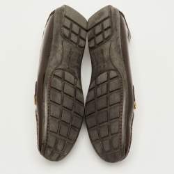 Pre Owned Louis Vuitton Size 38 Brown Patent Leather and Mini Lin Monogram Canvas Slip On Loafers