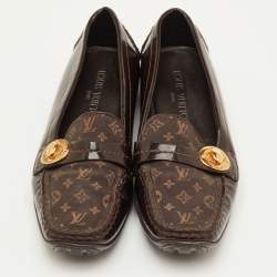 Pre Owned Louis Vuitton Size 38 Brown Patent Leather and Mini Lin Monogram Canvas Slip On Loafers