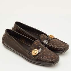 Pre Owned Louis Vuitton Size 38 Brown Patent Leather and Mini Lin Monogram Canvas Slip On Loafers