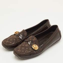 Pre Owned Louis Vuitton Size 38 Brown Patent Leather and Mini Lin Monogram Canvas Slip On Loafers