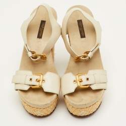 مملوكة م�سبقًا صندل بلاتفورم لوي فيتون جلود أوف وايت رافيا مقاس 36.5