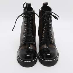 مملوكة مسبقًا حذاء بوت لويس فيتون طول الكاحل قماش مونوغرامي وأسود/بني جلد مقاس 36