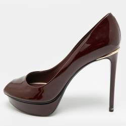 Pre Owned Louis Vuitton Oh Really! Size 37.5 Burgundy Patent Leather Platform Pumps