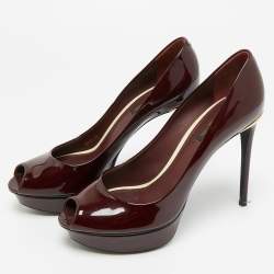 Pre Owned Louis Vuitton Oh Really! Size 37.5 Burgundy Patent Leather Platform Pumps