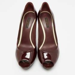 Pre Owned Louis Vuitton Oh Really! Size 37.5 Burgundy Patent Leather Platform Pumps