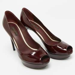 Pre Owned Louis Vuitton Oh Really! Size 37.5 Burgundy Patent Leather Platform Pumps