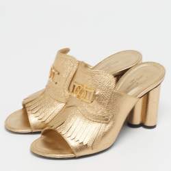 Pre Owned Louis Vuitton Size 37.5 Gold Leather Fringes Slide Sandals