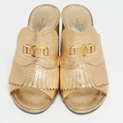 Pre Owned Louis Vuitton Size 37.5 Gold Leather Fringes Slide Sandals