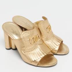 Pre Owned Louis Vuitton Size 37.5 Gold Leather Fringes Slide Sandals