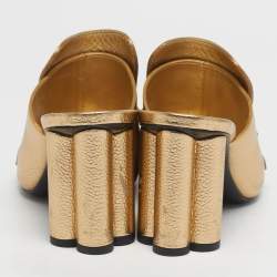 Pre Owned Louis Vuitton Size 37.5 Gold Leather Fringes Slide Sandals