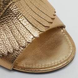 Pre Owned Louis Vuitton Size 37.5 Gold Leather Fringes Slide Sandals