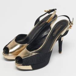 Pre Owned Louis Vuitton Size 39 Black/Gold Leather and Satin Peep Toe Pumps